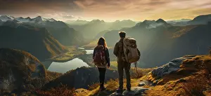 Hikers Prints: Image generative AI. couple standing on mountain looking landscape