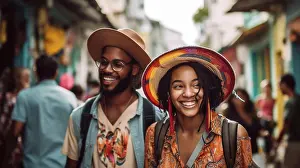Caribbean Prints: Image Generative AI. Happy couple sightseeing on caribbean town
