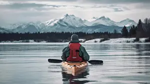 Holidays Prints: Image Generative AI.Man canoeing on a lake