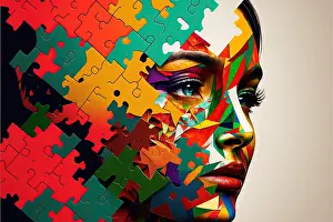 Mystery Prints: incomplete puzzle of a female face. Generative AI