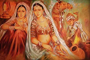Rajasthan Prints: India Rajasthan wall painting of a typical life in the Rajasthan