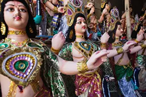 Calcutta Prints: India, West Bengal, Kolkata, Statues of Hindi gods Durga idols in the Kumartuli district