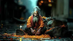 Blossoms Prints: An Indian Hindu old sadhu, with long white hair and beard sits on orange flowers in a street