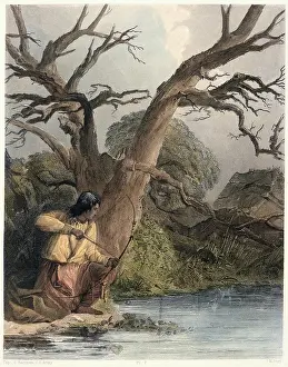 Water Plant Prints: Indian Shooting Fish from 'The American Aboriginal Portfolio' by Mary Eastman-1853 Seth Eastman