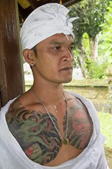 Tattoo Prints: Indonesia, Bali. Portrait of a Balinese man wearing traditional clothing