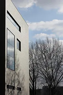 Contemporary Prints: information commons building detail of north facade through trees