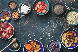 Ingredient Prints: Ingredients for healthy breakfast over dark blue background