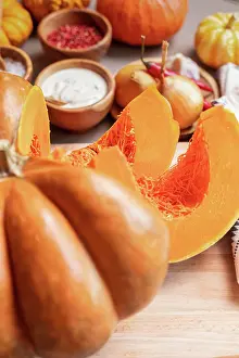 Fiber Prints: Ingredients for pumpkin soup close up, vertical frame