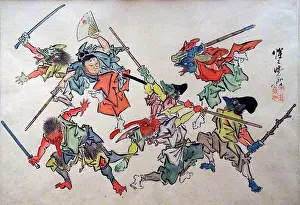 Japanese Prints: Ink painting titled Minamoto Yoshitsune in training by Kawanabe Kysai (1831-1889) Japanese artist