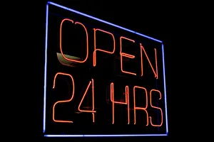 Greeting Prints: Inscription open 24 hrs in bright neon sign in dark in United States of America