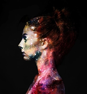Architecture Prints: Intergalactic beauty. Profile of a young woman with the galaxy overlaid on her face