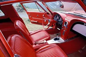 Leather Prints: interior detail Corvette Stingray 1963 1960s red open doors leather seats gear shift steering wheel IP instrument panel