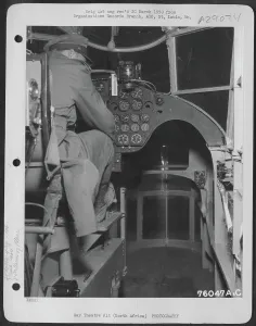 Interior of flying laboratory showing instrument panel in the cockpit of a French Potez-54 at a 90th Photographic