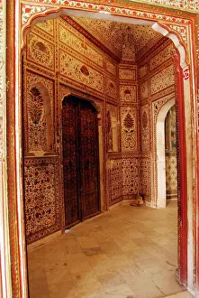 Doors Prints: Interior of Gajraj Mahal with wall paintings inside Junagarh fort