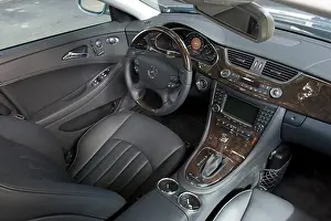 Dashboard Prints: interior high angle Mercedes Benz CLS 500 2005 grey leather seats steering wheel wood trim dashboard