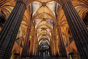 Gothic Prints: Interior, La Catedral de la Santa Creu, Barri Gotic, Barcelona, Catalonia, Spain, Europe