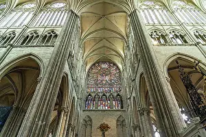Colourful Prints: Interior and rose window of Notre Dame d'Amiens Cathedral, Amiens, France, Europe