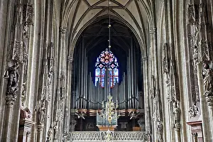 Gothic Prints: Interior view with organ Stephansdom Vienna Austria