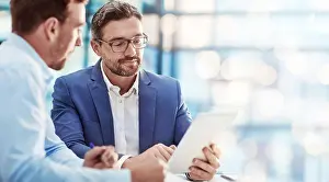 Tablet Prints: Investment, business people and manager with employee