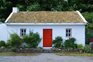 Republic Prints: Ireland, Sligo, Riverstown, White Painted Cottage At Sligo Folk Park With Red Door And Turf Roof