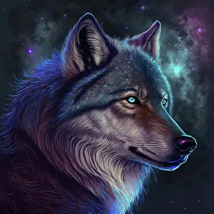 Graphic Prints: Iridescent psychedelic wolf in neon colors