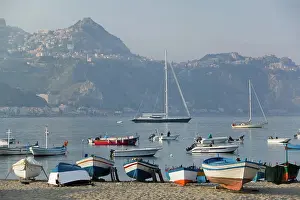 Sailboat Prints: ITALY, Sicily, GIARDINI, NAXOS: Port view towards TAORMINA / Late Afternoon