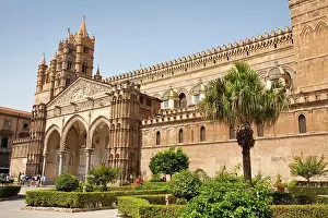 Union Prints: Italy, Sicily, Palermo, Cathedral facade with view of entrance portico and garden