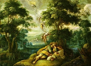 Illustration Prints: Jacob's Dream, a ladder reaching to heaven with angels climbing up and down