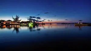 Harbor Prints: Jamaica boats in the bay at night scenic view