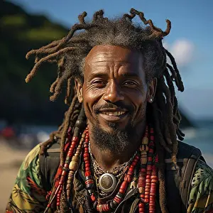 Colourful Prints: Jamaica man, dreadlocks and colorful cap on beach, Ai generated