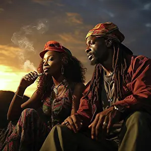 Colourful Prints: Jamaica man, dreadlocks and colorful cap on beach, Ai generated