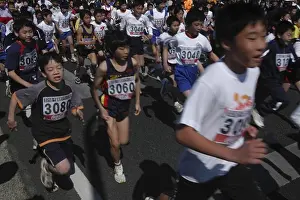 Grade Prints: Japan, Chiba, Chiba, 11 And 12 Year Old Boys At The Start Of 2 Kilometer Race On Chiba Prefectural Fitness Day
