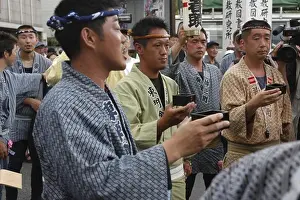 Festivals Prints: Japan, Chiba, Narita, Gion Matsuri With Men In Traditional Edo-Era Costumes Toasting Each Other With Sake
