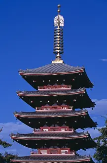 Japan, Honshu, Tokyo, Asakusa. Senso Ji Temple. View Of The Five Storey Pagoda