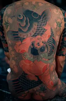 Society Prints: Japan, People, Yakuza, Heavily Tattooed Back Of Gangster Or Yakuza Gang Member In Public Bath House