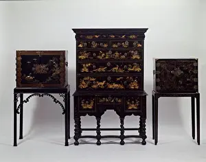 Japanese Prints: Japanese Black Lacquer Highboy & Cabinets Antique Furniture