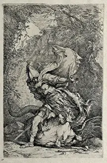 Dragon Prints: Jason fighting with the dragon. Etching by S. Rosa