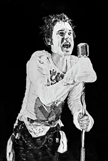 Retro Style Prints: Jonny Rotten singing at microphone, pencil drawing