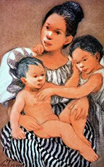 Jose Prints: Jose T. Joya, Mother and Children, 1991, Pastel on Paper