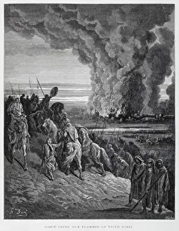 Tours Prints: Joshua burns the Town of Ai, Illustration from the Dore Bible 1866