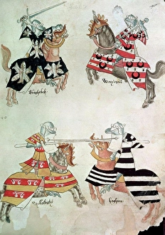 Manuscript Prints: Jousting Knights- From Sir Thomas Holmes Book 15th C