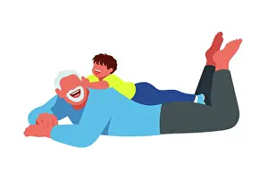 Recreation Prints: A joyful child plays on a smiling elderly man's back against a plain white background