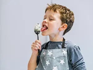 Kochen Prints: junge, löffel, backen, ablecken, jungen