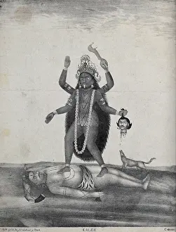 Howling Prints: Kali standing on Shiva with howling dog. Lithograph