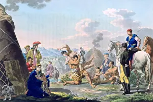 Tent Prints: Kalmyk men wrestling. Russian lithograph of 1813