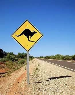 Shaped Prints: Kangaroo crossing sign on the road side, Australia