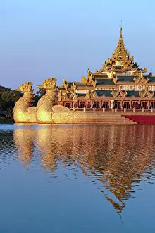 Burma Prints: The Karaweik - a replica of a Burmese Royal Barge on Kandawgyi Lake in Yangon in Myanmar