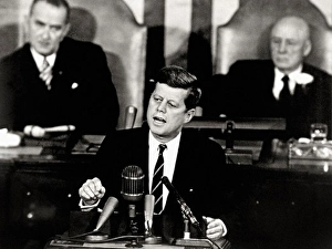 Small Group Of People Prints: Kennedy Giving Historic Space Race Speech to Congress