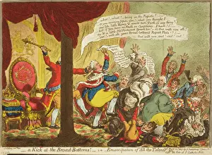 Caricature Prints: A Kick at the Broad-Bottoms! George III kicking Lord Grenville's bottom and dismissing Grenville's ministry