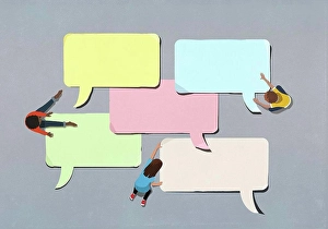Speech Prints: Kids arranging blank multicolor speech bubbles